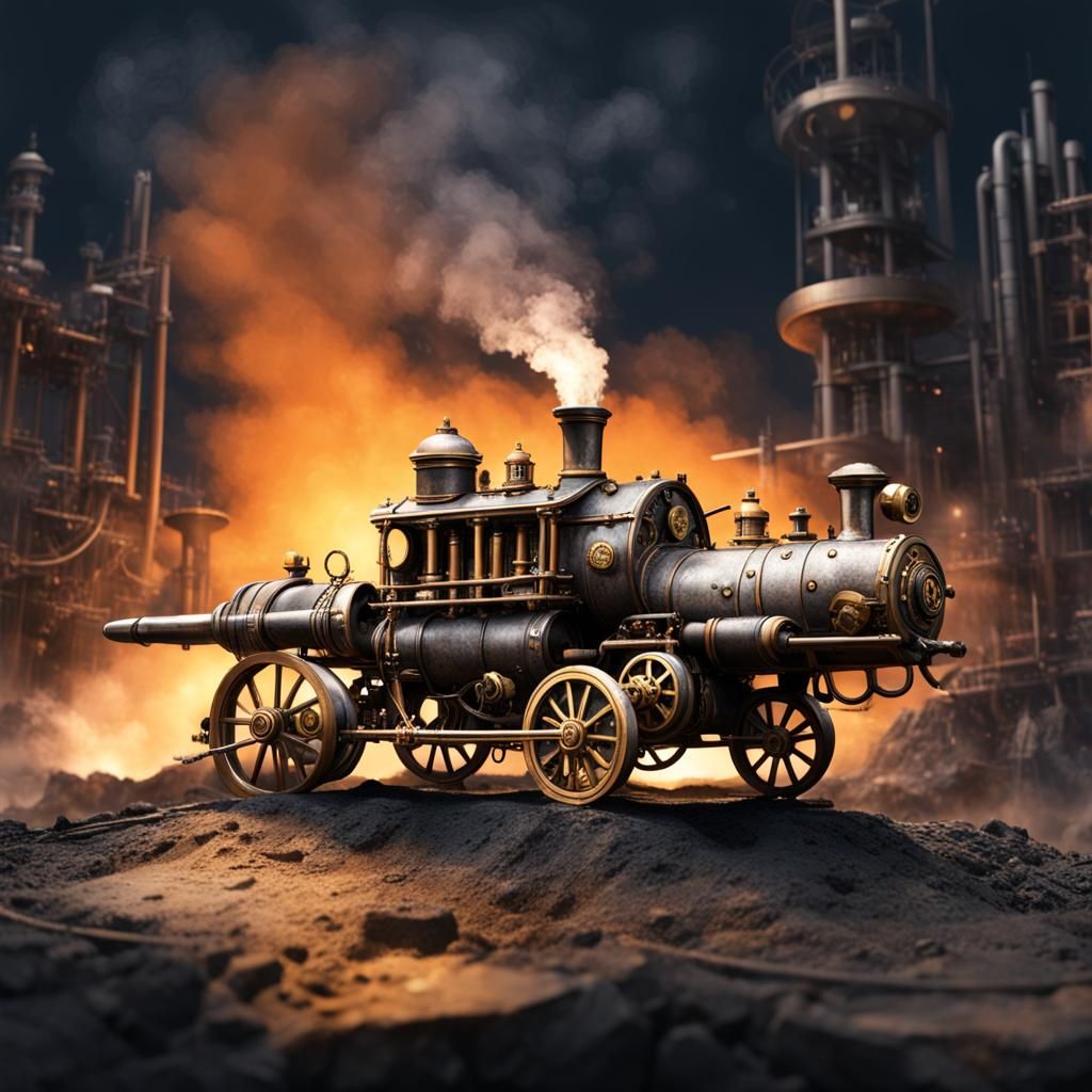 Detailed Steampunk Engine in Landscape