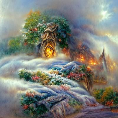 Ethereal Fantasy Mountain Scene with Harp of Gold