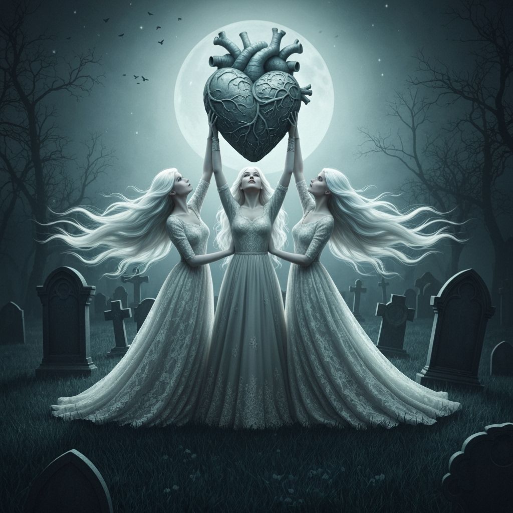 Ethereal Banshees Haunt Gothic Graveyard with Heart Sculptur...