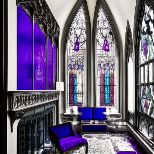 Gothic glass walls penthouse with purple stain glass windows...