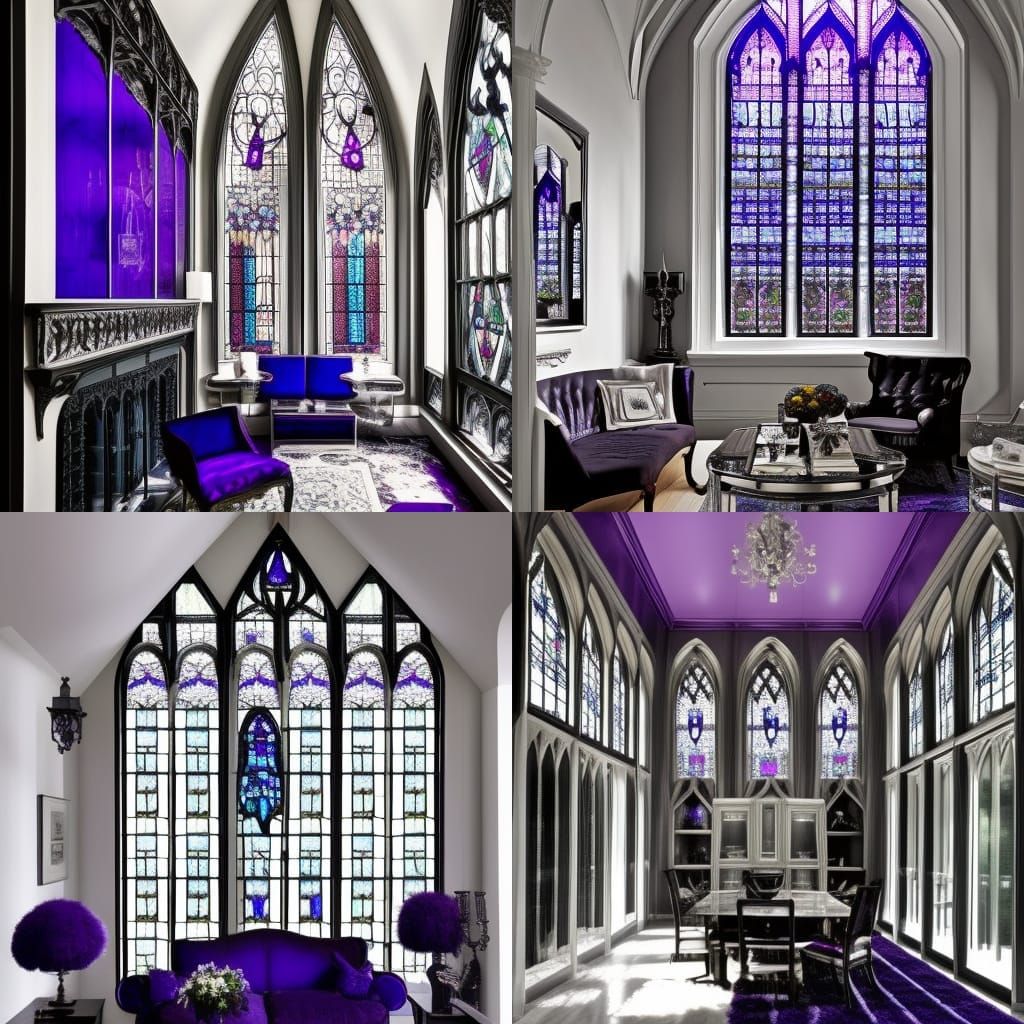 Gothic glass walls penthouse with purple stain glass windows...