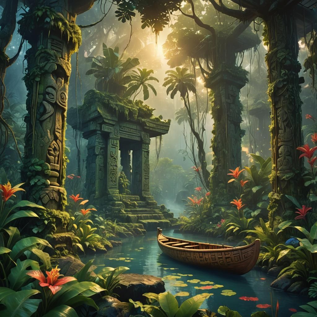 Ancient Hawaiian Kahuna in Misty Rainforest Concept Art