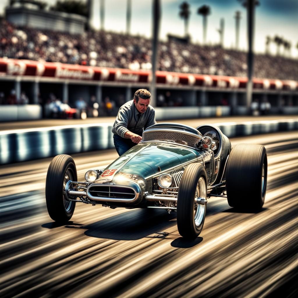 Old school drag racing car with driver