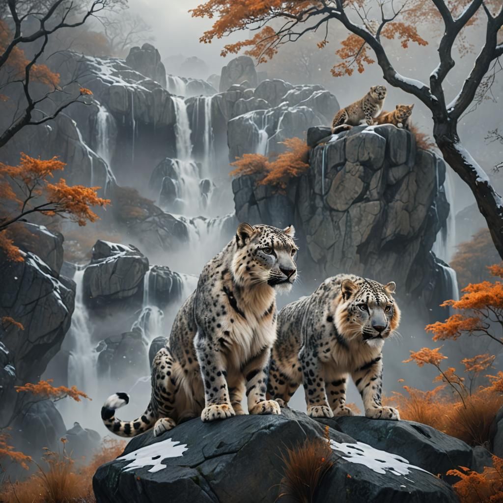Snow Leopard and Lion Hybrid in Misty Forest