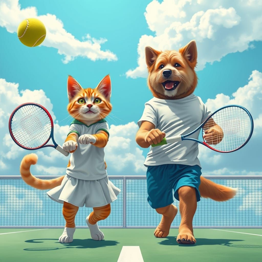 Cat and Dog Play Tennis, Digital Art