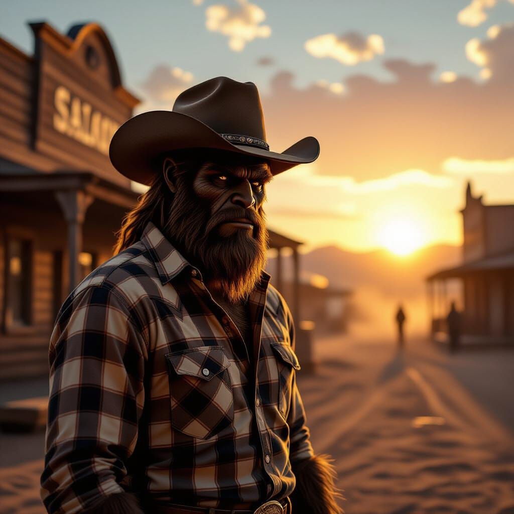 Bigfoot Cowboy in Dusty Wild West Town at Sunset