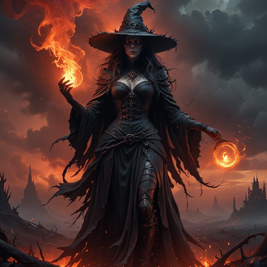 Mysterious Victorian Sorceress Confronts Dark, Ominous Skies