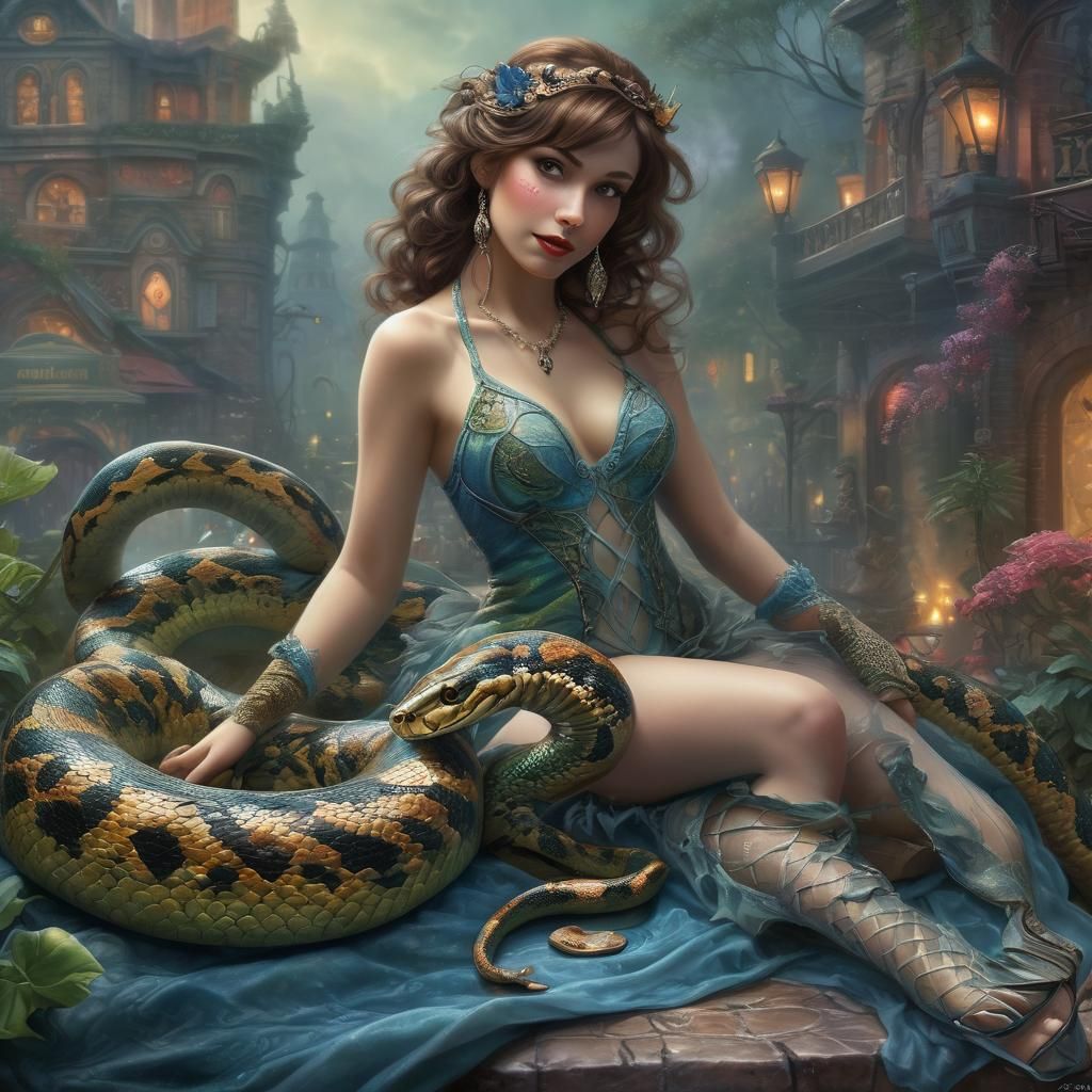 Burlesque Dancer Entwined with Snake in Ethereal Style
