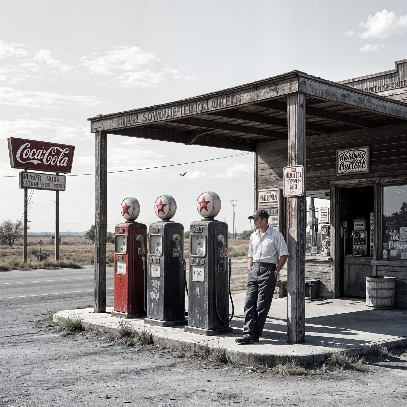1930s Texaco Station on Dusty Highway in Monochrome