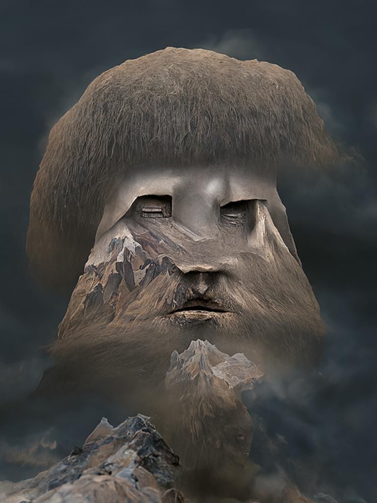 Glitchy Digital Humanoid Head with Mountain, Surreal 3D Art