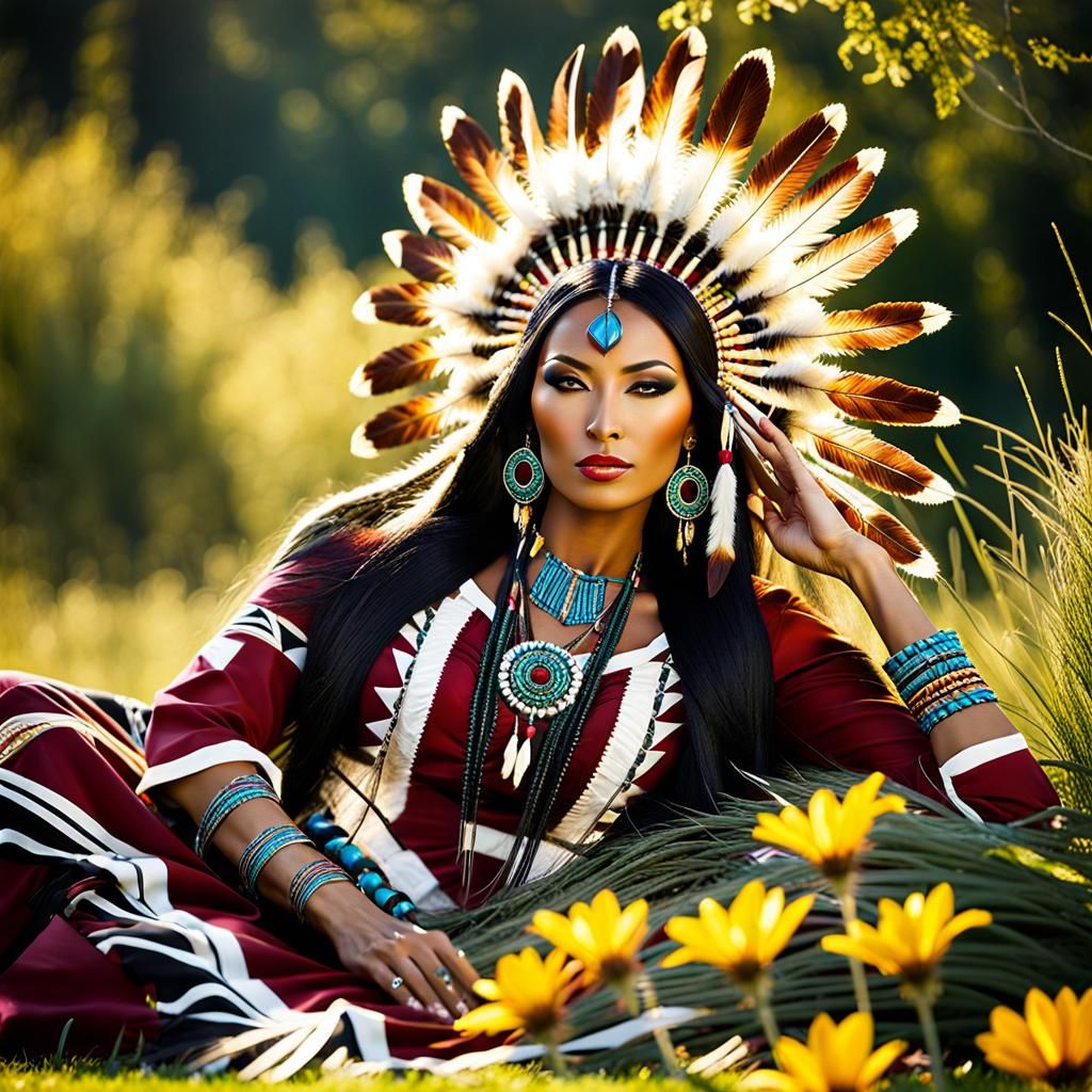 A gorgeous native American woman wearing tight fitting tribal clothing made of foliage and luxurious pelts, is lying on...