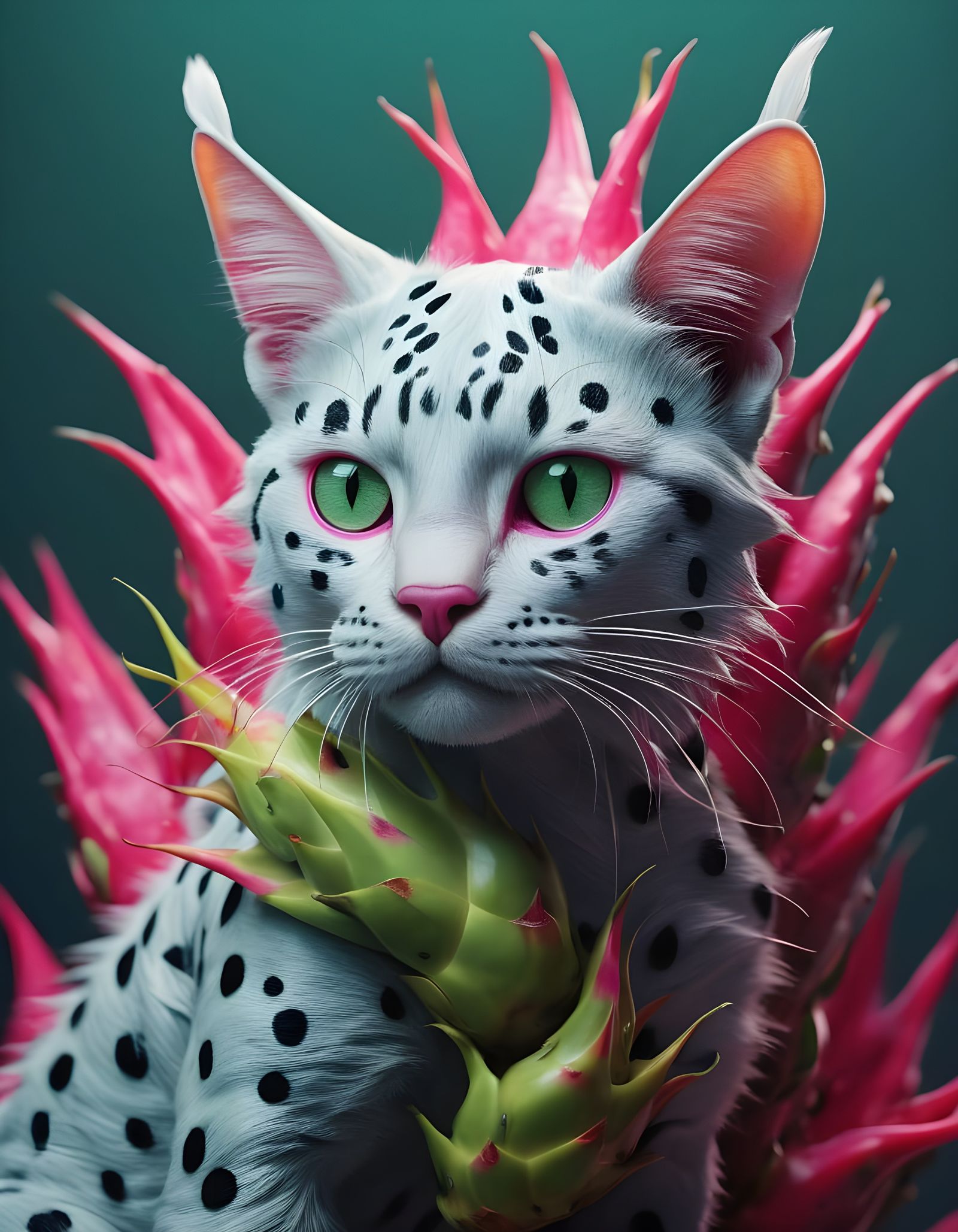 Hyper-Realistic Feline with Dragon Fruit-Inspired Skin