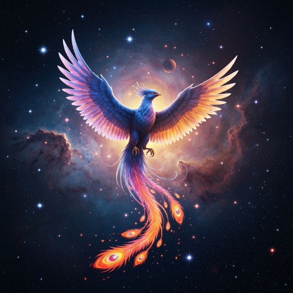 Bioluminescent Phoenix Soaring Through Vibrant Nebula