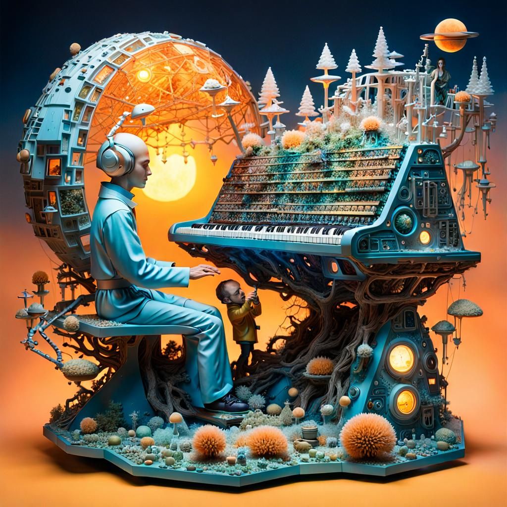 Ethereal Figures Compose Poems in Sunset Galaxy