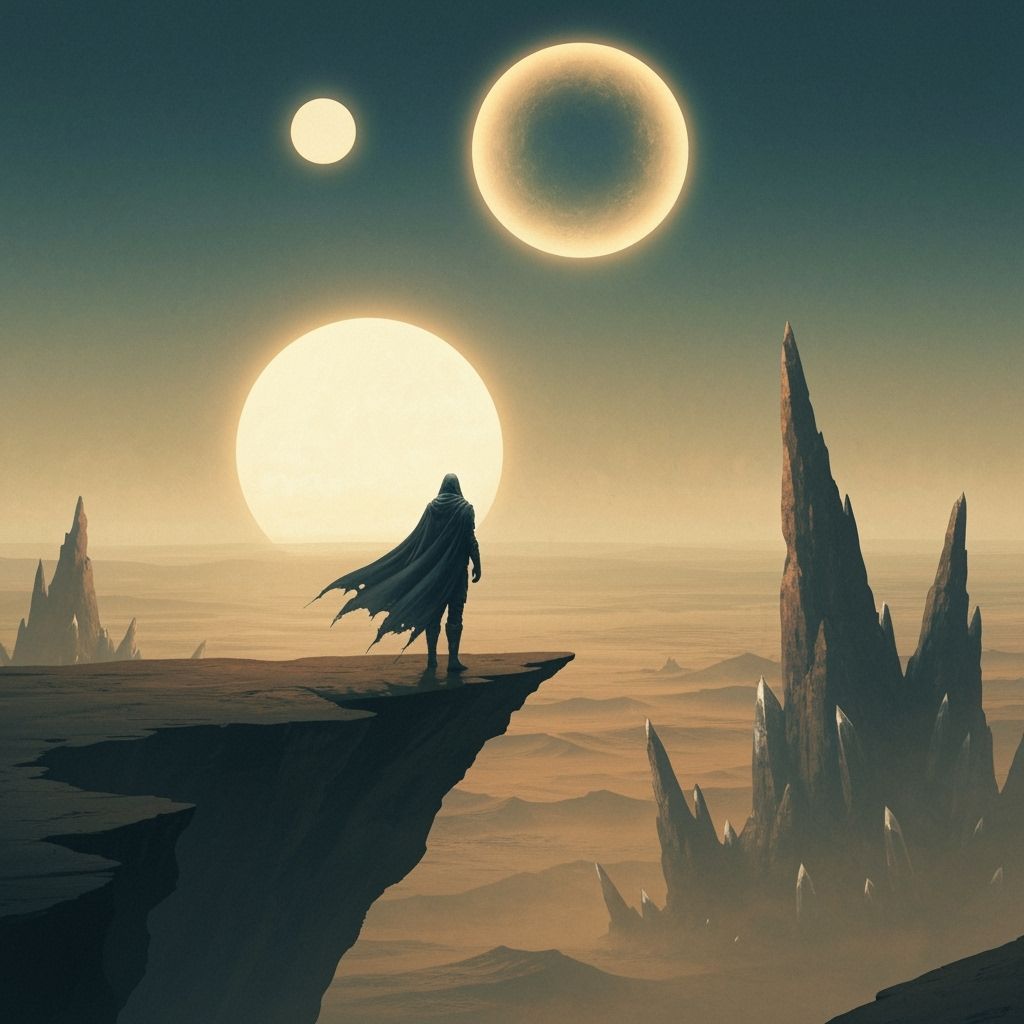 Solitary Figure on Alien Desert Precipice Under Twin Suns