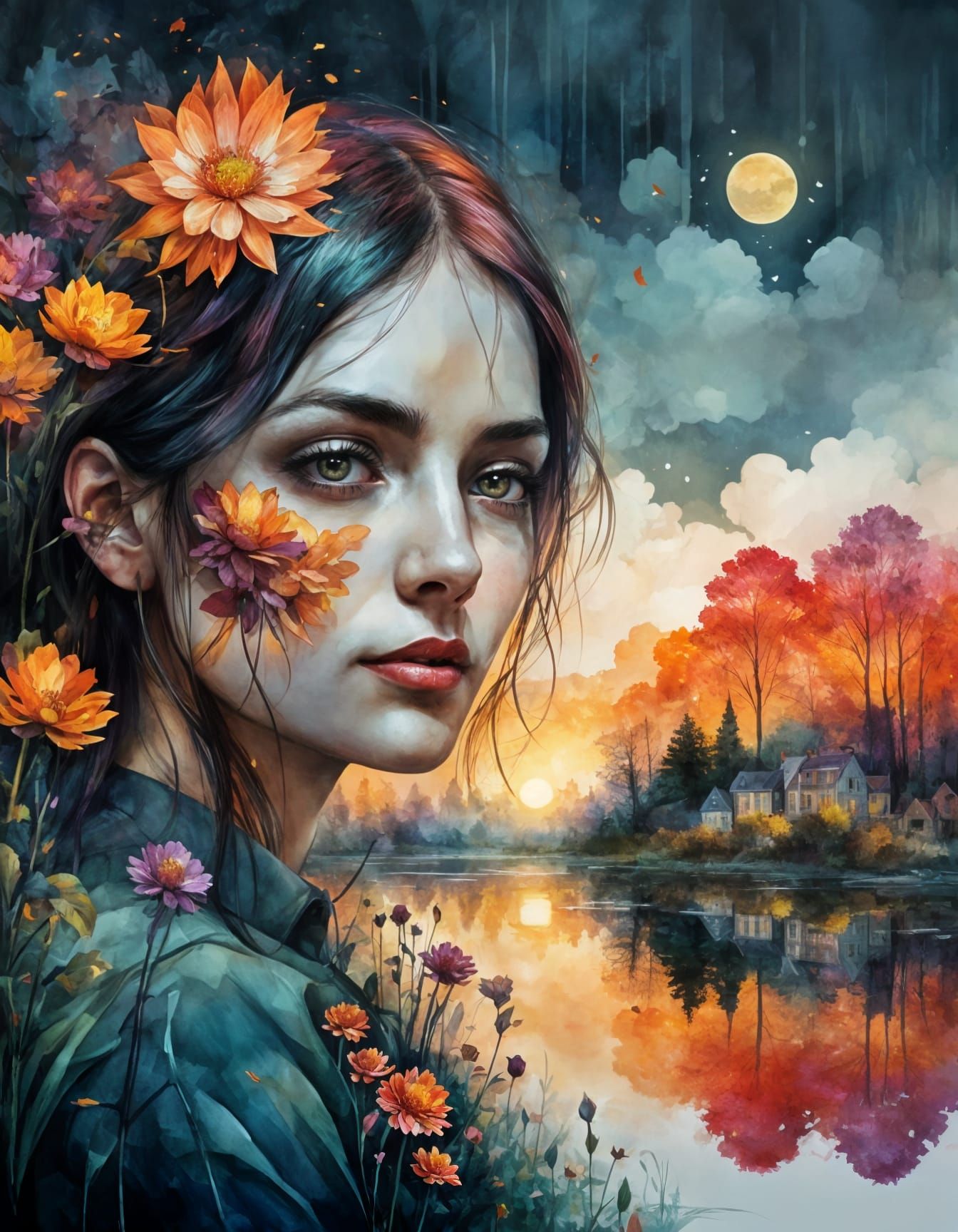 Impasto Nightscape: Double Exposure Sunset Portrait