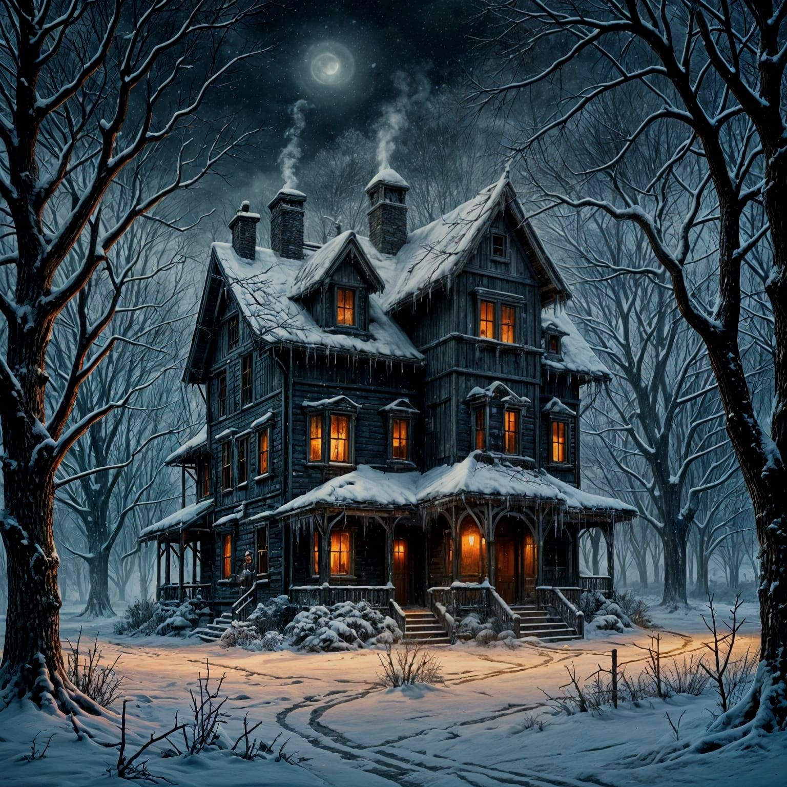 Winter Cabin in Forest Snowscape