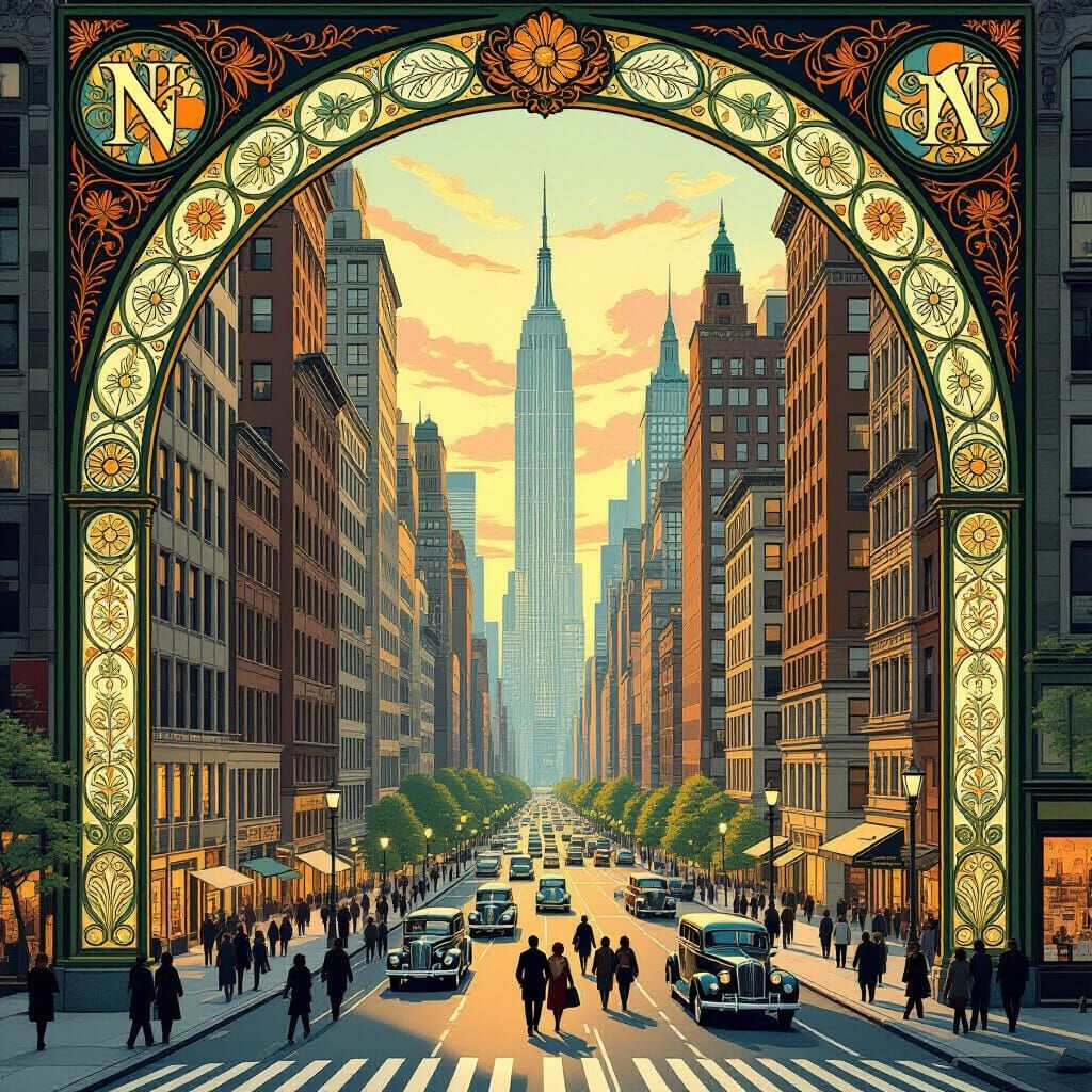 Art Nouveau New York Cityscape with Flowing Lines