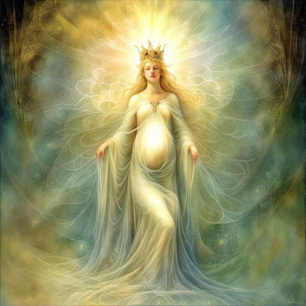 Radiant Pregnant Pixie Goddess in Fractal Light