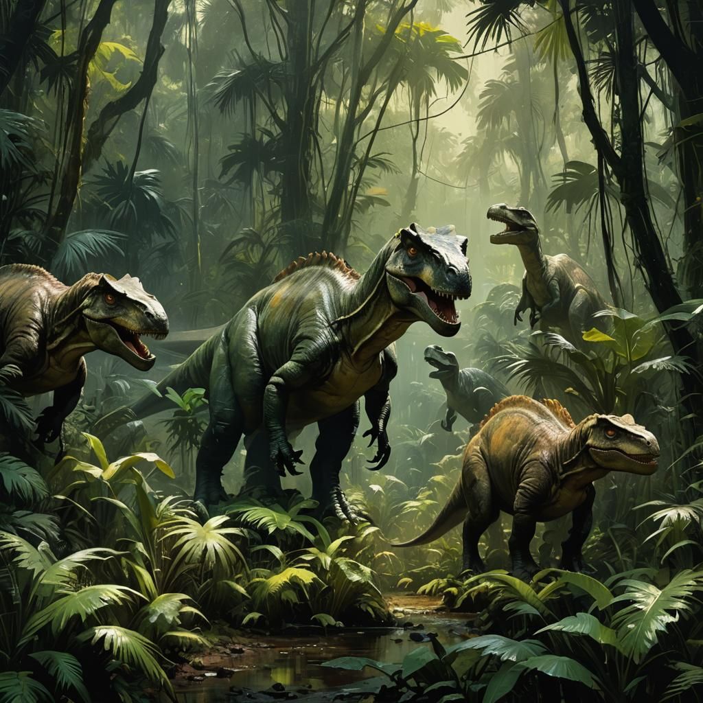 Dinosaurs Roam Jungle in Impasto Painting Style