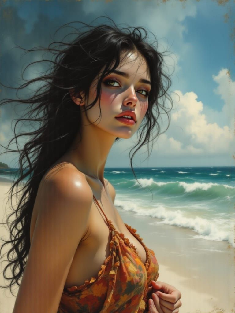 Moody Samoan Woman on South Pacific Beach