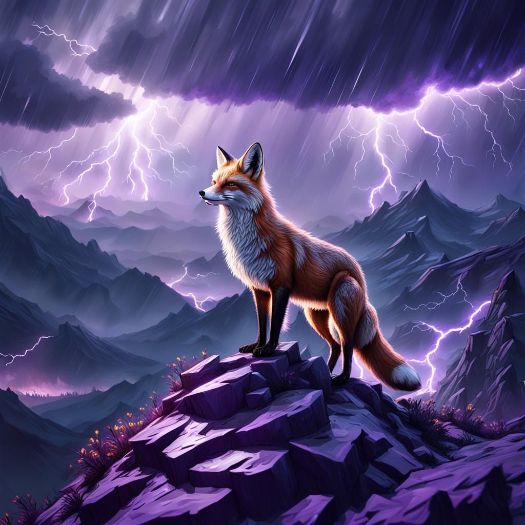 Fox on Mountain in Lightning Storm, Dark Fantasy Art