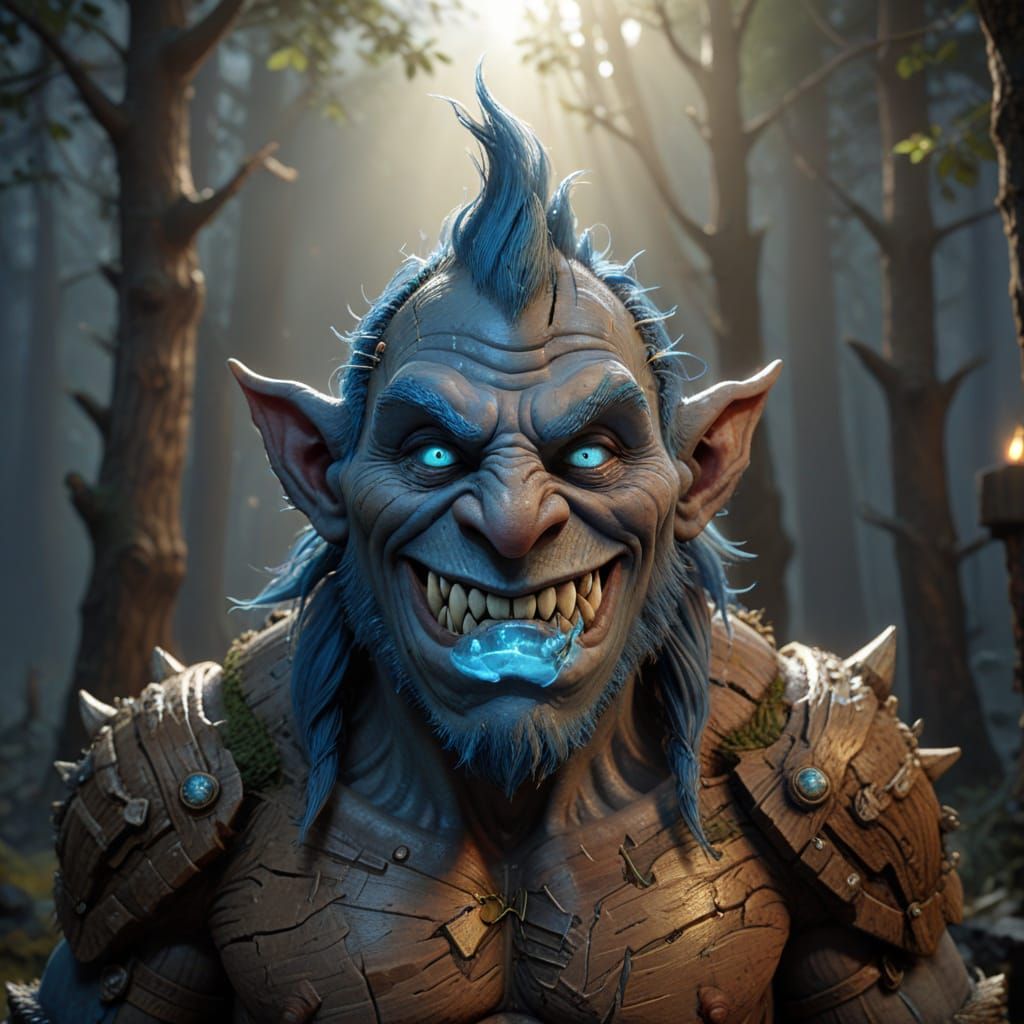 Friendly Wooden Troll with Blue Eyes in 3D