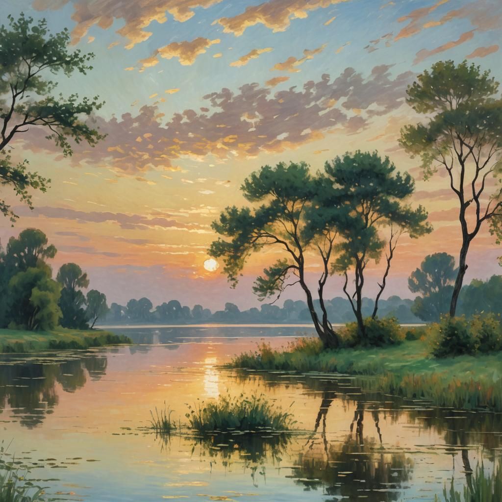 Impressionist Sunset Landscape with Serene Lake