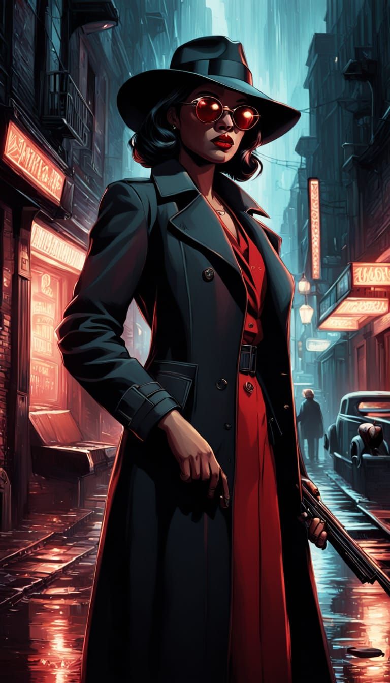 Glamorous Film Noir Gangster in Crimson Suit and Sunglasses