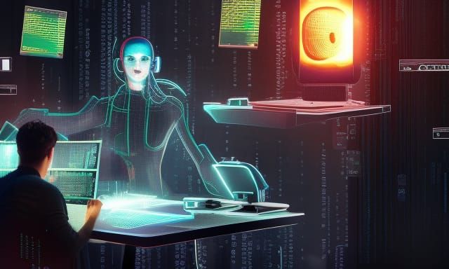 Cyberpunk Hacker Breaching Enterprise AI System