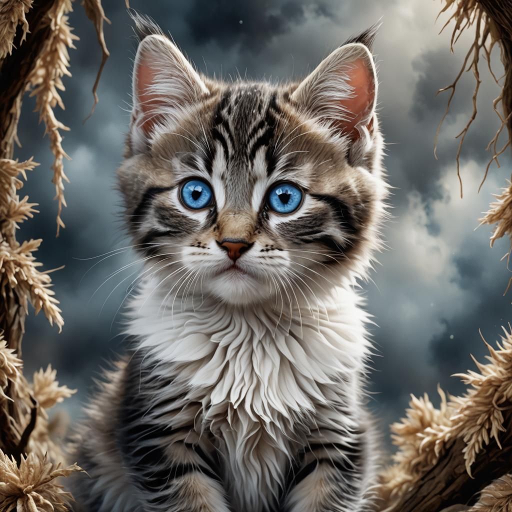 Fluffy Tabby Kitten with Blue Eyes: Digital Painting
