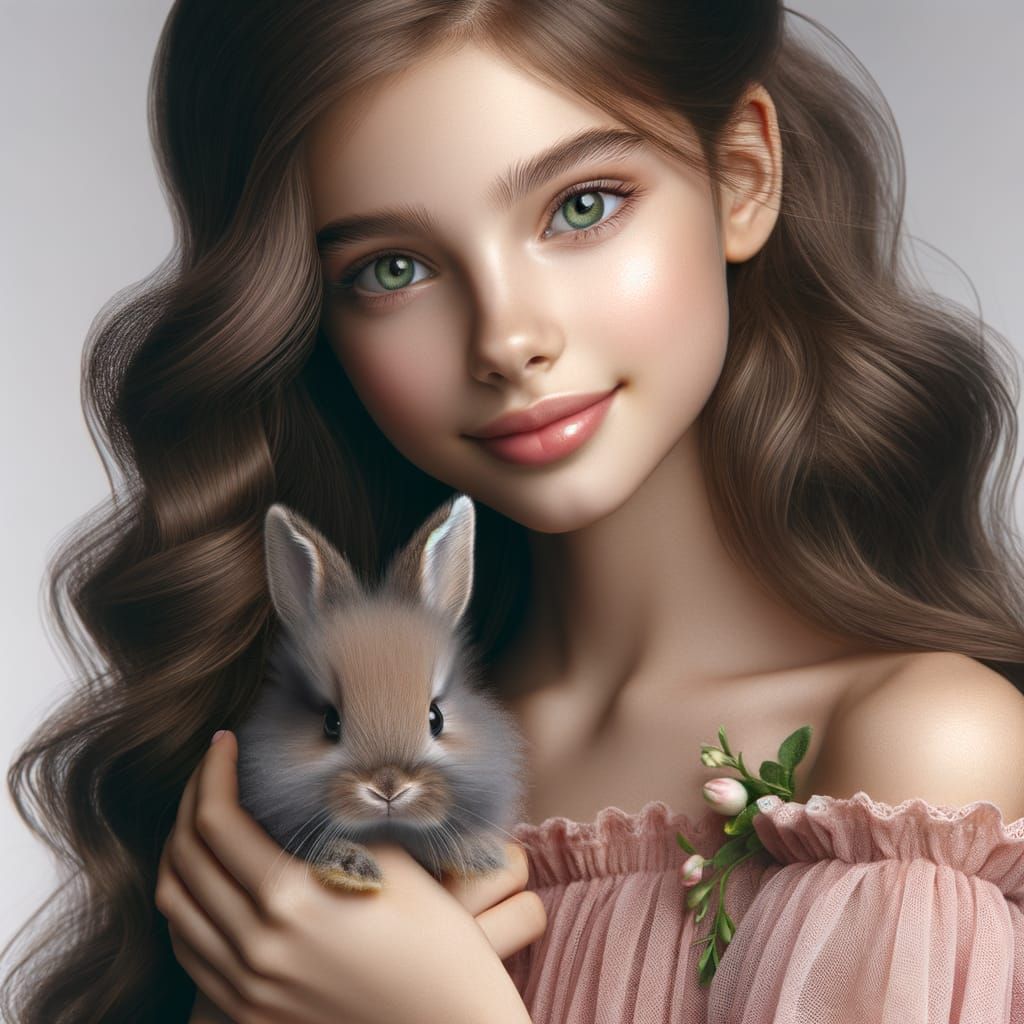 Gentle Summer Moment with a Young Girl and Her Gray Bunny