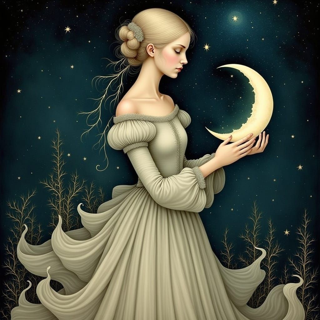 Pre-Raphaelite Woman Cradling Moon in Watercolor Style