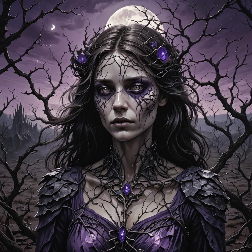 Eerie Dark Fantasy Woman in Desolate Landscape