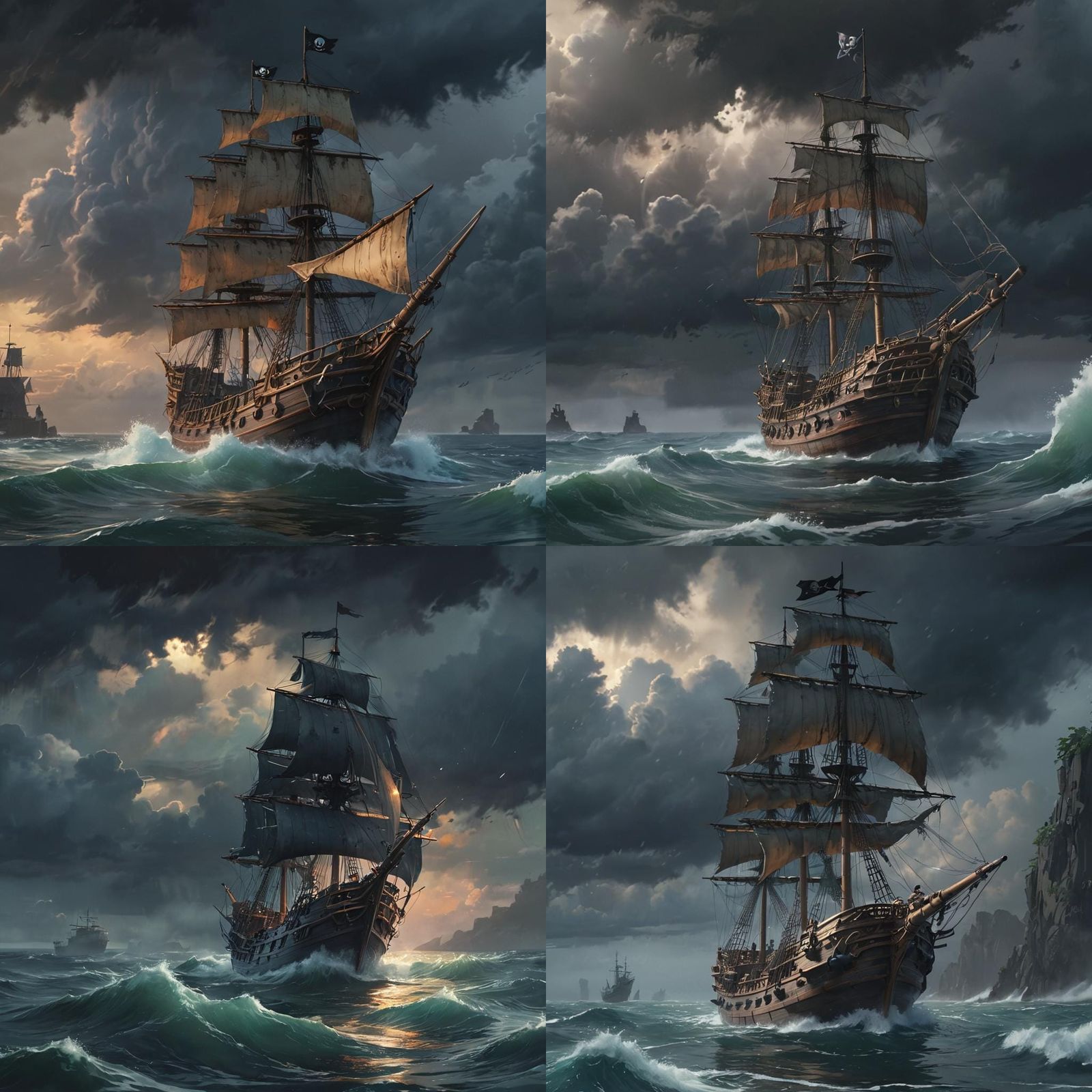 Pirate Ship in Storm, Watercolor Ghibli Style