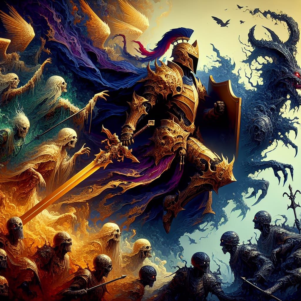 Magic Swordsman Leading Undead Army in Matte Painting Style