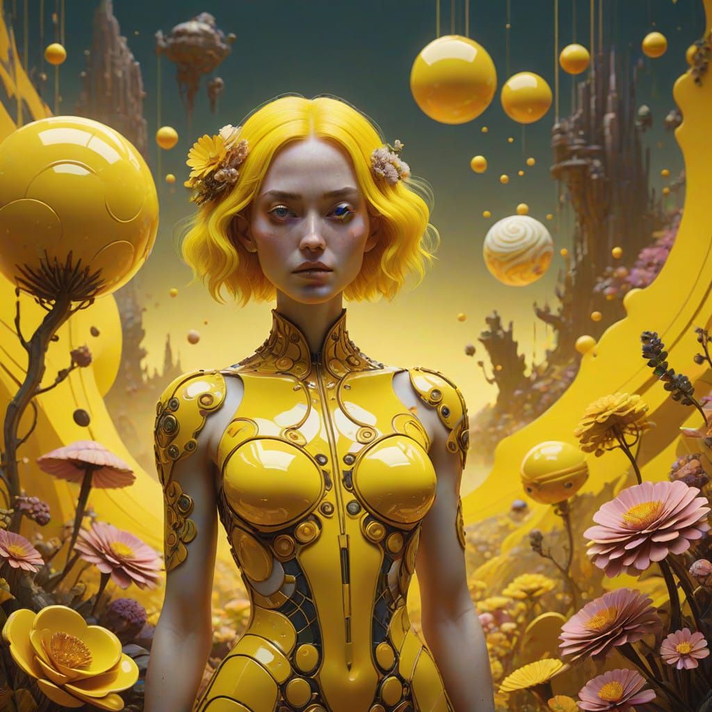 Woman in Yellow Paradise with Vibrant Surrealist Landscapes