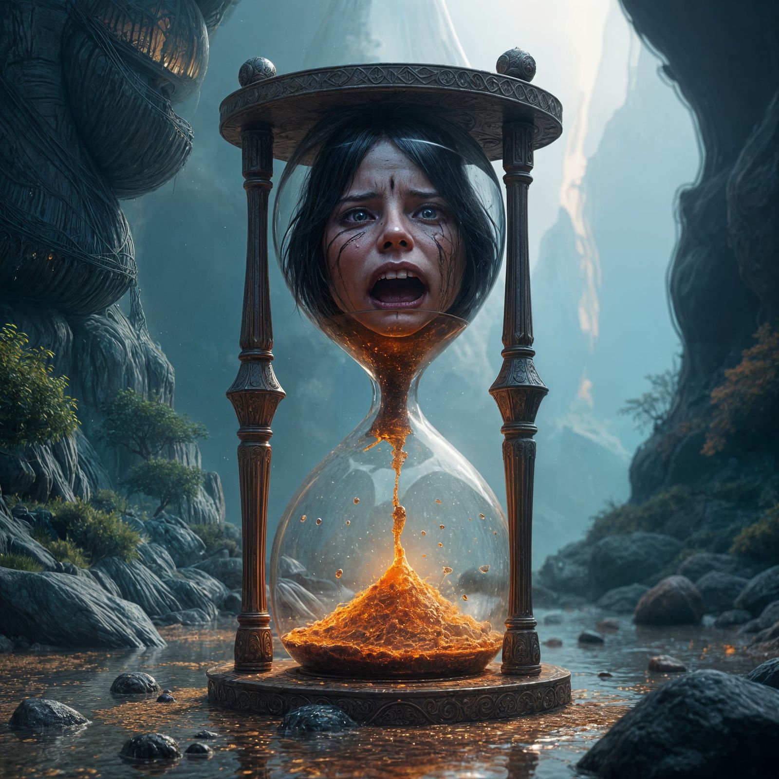 Sad Face Crying Inside Hourglass: Fantasy Concept Art