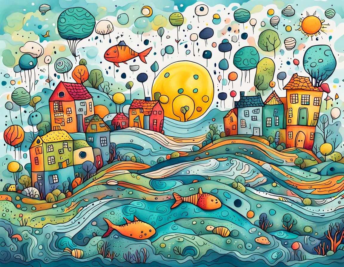 Whimsical Floating Islands in Doodle Art Style