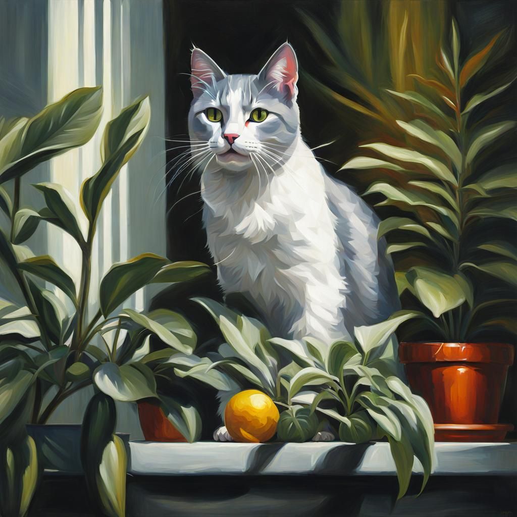 Dramatic Oil Painting of Cat About to Eat Plant