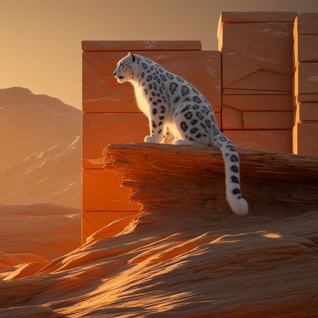 Colossal Snow Leopard at Sunset in Modigliani-Malevich Style