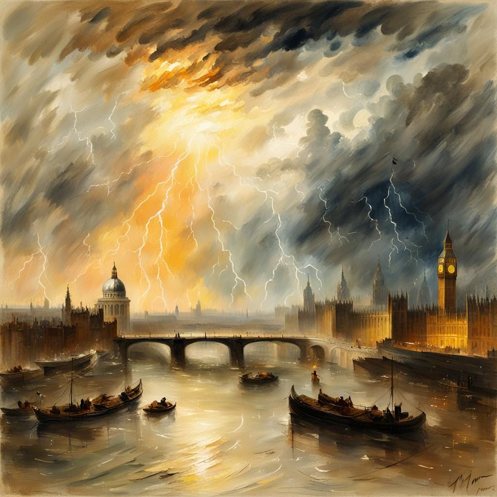 London Thunderstorm in Impressionist Gouache Style