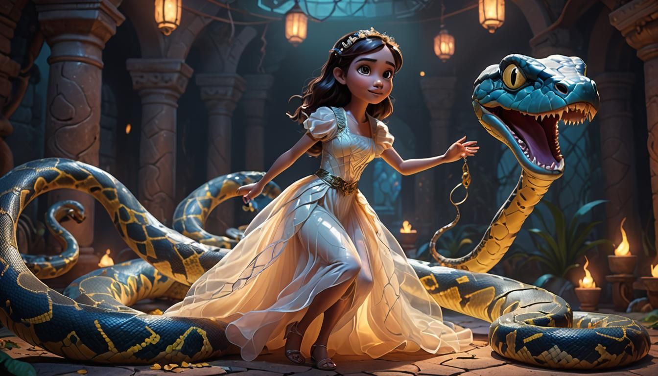 Girl and Python Underworld Ritual, Pixar Style