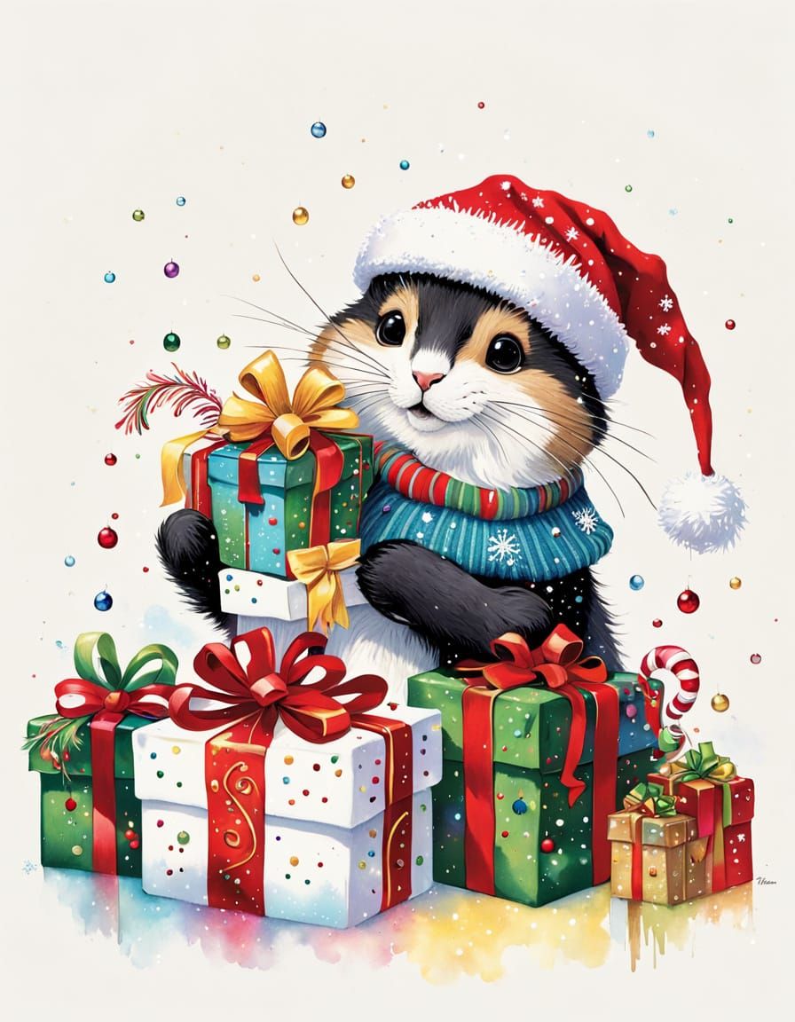 Elegant Opossum in Festive Christmas Sweater Holding Gift