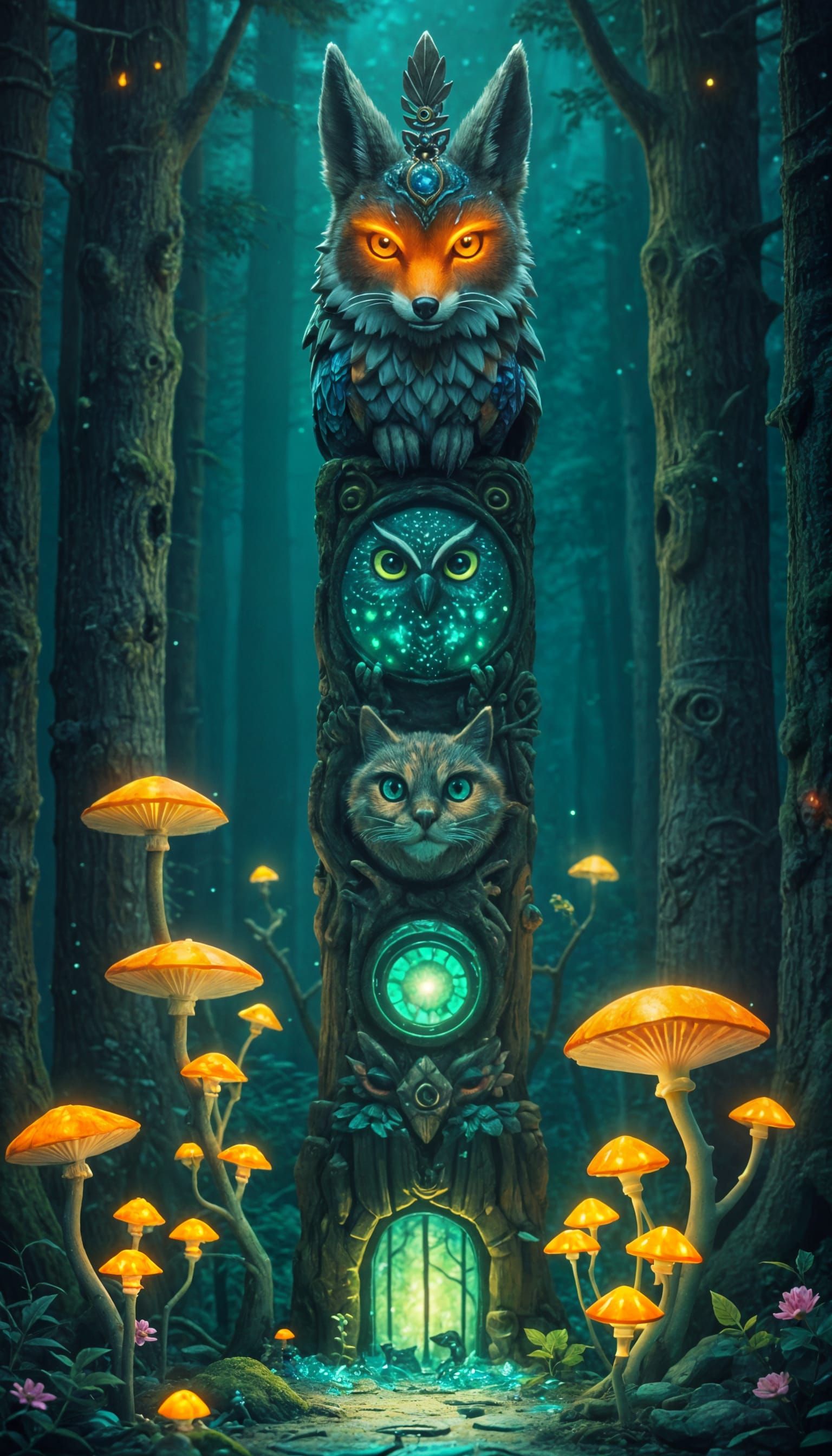 Magical Fox Owl Cat Totem Pole in Forest Shrine