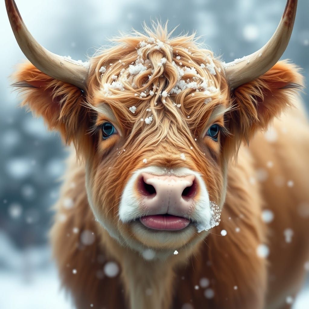 Charming Highland Calf Catches Snowflake on Its Tongue