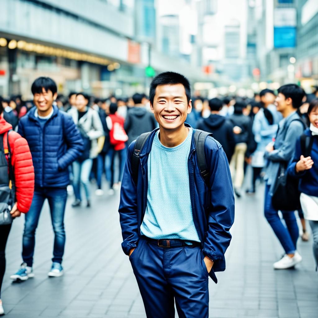 Smiling Person in a Crowded City Scene