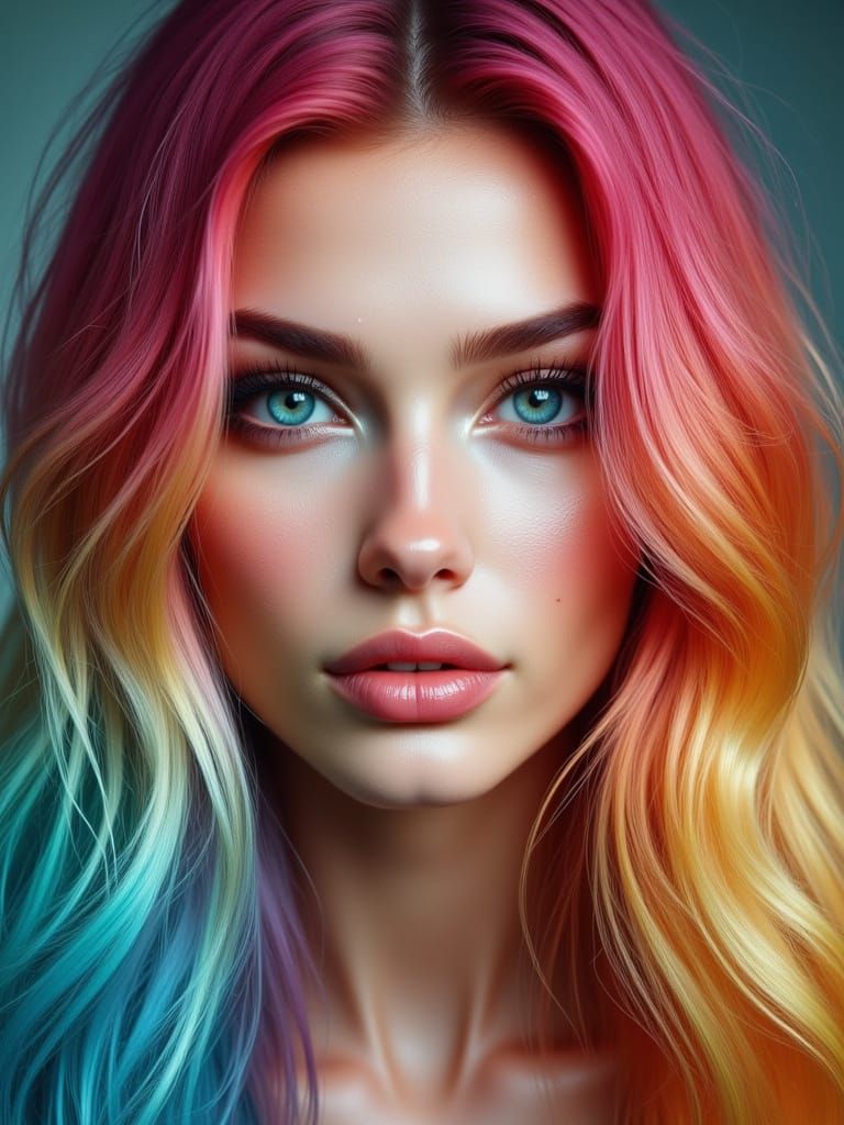 Woman with Rainbow Hair, Bright Eyes, Pouting Lips