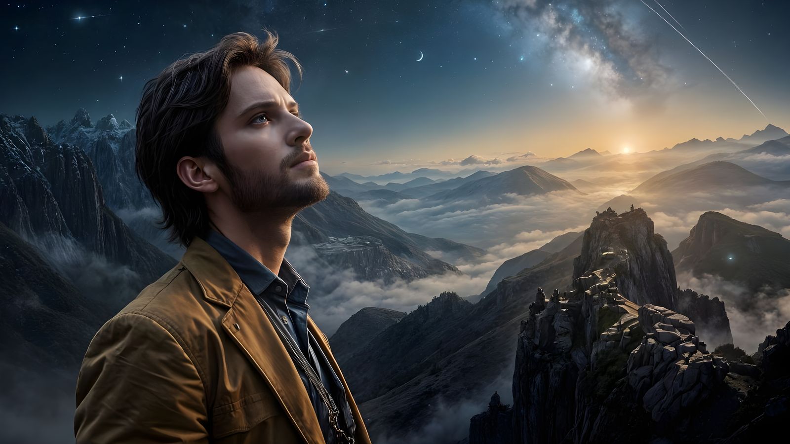 Man Reaching for Stars in Dark Fantasy Art