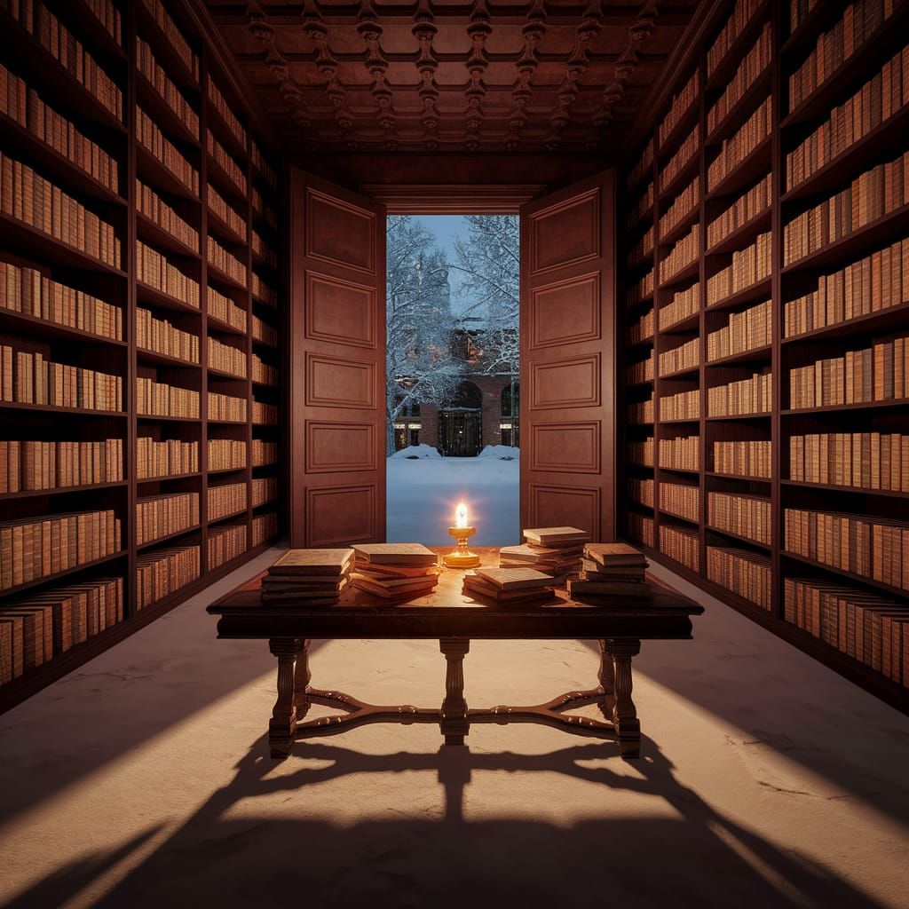 A Grand Study in Warm, Golden Light, Filled with Ancient Tom...